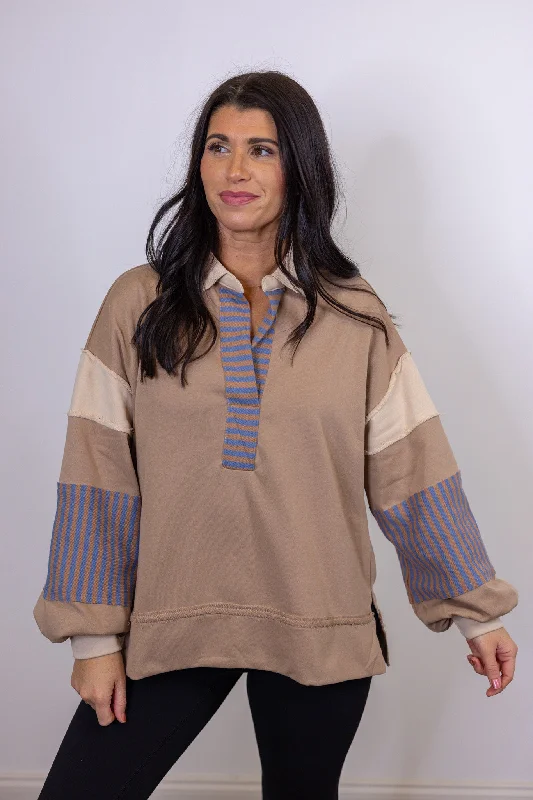 Colorblock Fabulous Mocha Blue Pullover Short Sleeve Top