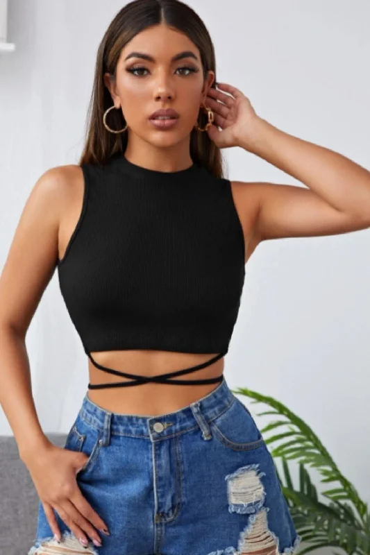 Tie Detail Black Basic Crop Top Ribbed Crop Top High Neck Heavyweight