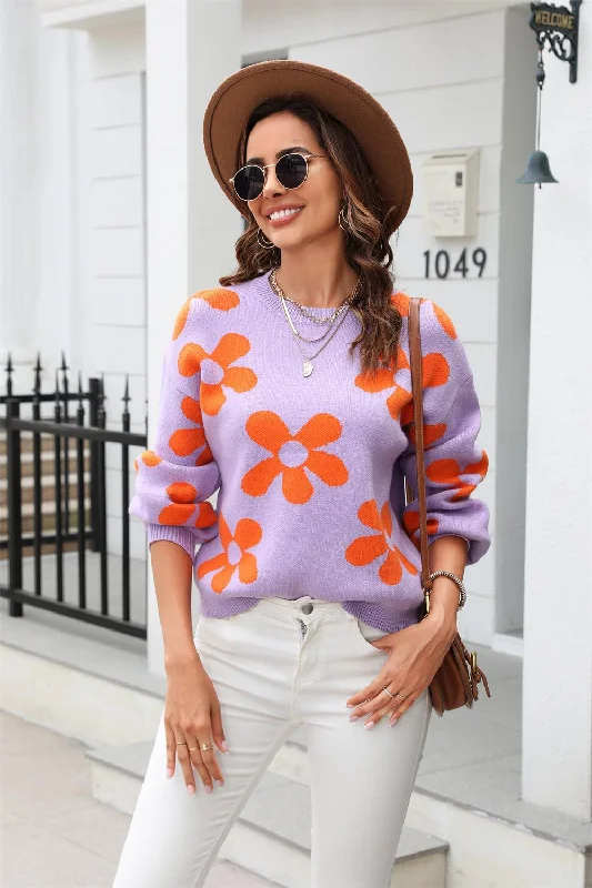 Floral Print Round Neck Dropped Shoulder Pullover Sweater Bell Sleeve Stylish