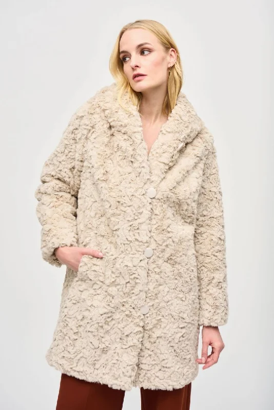 Joseph Ribkoff Hooded Faux Fur Reversible Coat 243903 Solid Print Jacquard