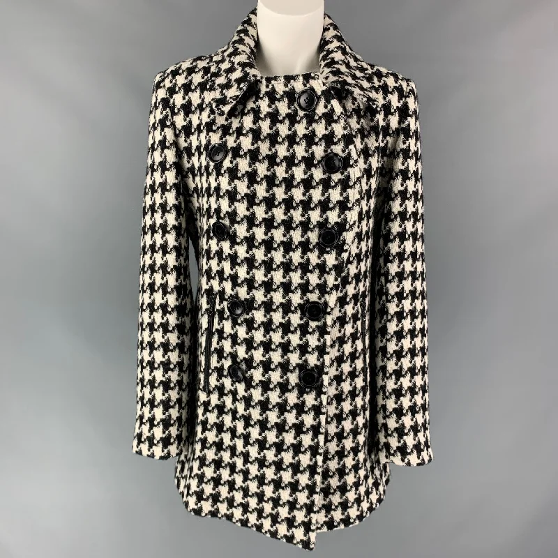 SOFIA CASHMERE Size 6 Black & White Houndstooth Alpaca / Wool Double Breasted Coat Sequined Lace Ribbed SOFIA CASHMERE Size 6 Black & White Houndstooth Alpaca / Wool Double Breasted Coat Sequined Lace Ribbed