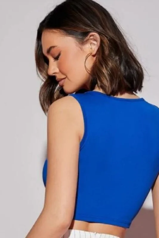 Loosing It Blue Crop Top Asymmetrical Pockets Print