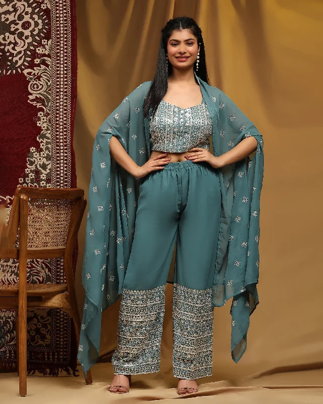 Blue Crop Top Georgette Palazzo Suit With Shrug Collared Crop Top Boat Neck A-Line