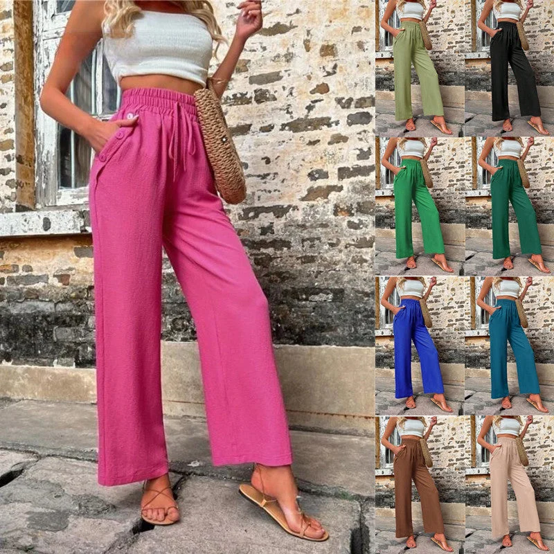 New Casual Pants With Pockets Elastic Drawstring High Waist Loose Trousers For Women Trousers Silk Elegant New Casual Pants With Pockets Elastic Drawstring High Waist Loose Trousers For Women Trousers Silk Elegant