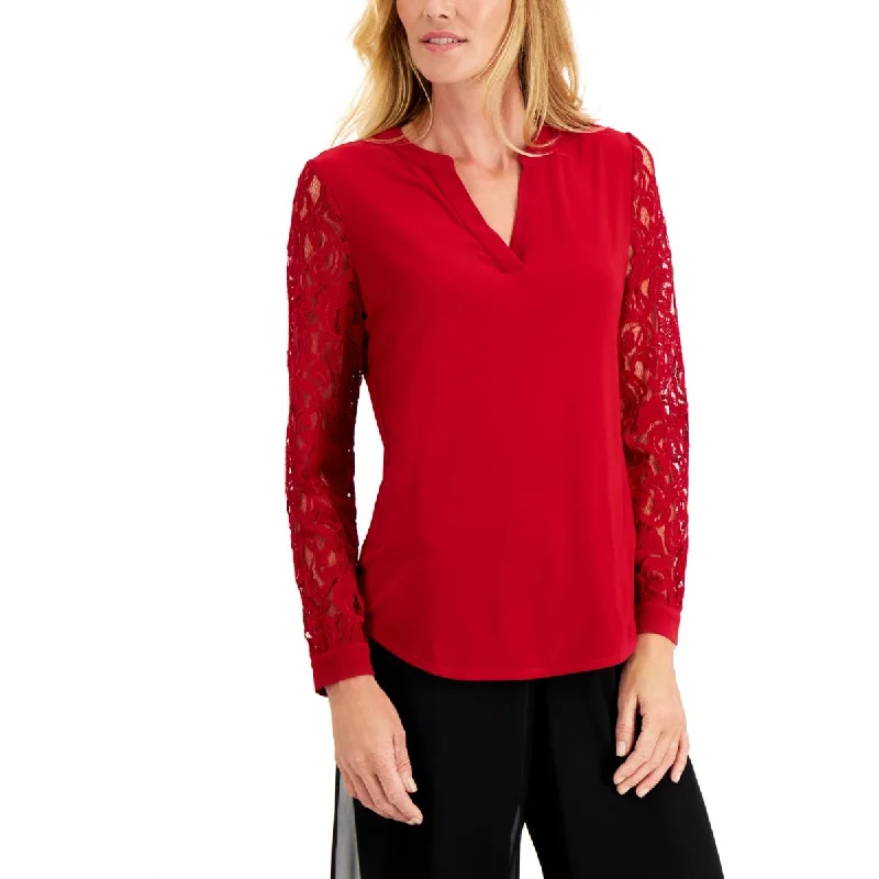 Kasper Womens Petites Lace Sleeves Mandarin Collar Pullover Top Sheath Sleeve Elegant