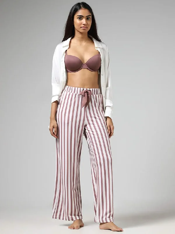Wunderlove White & Dusty Rose Striped Supersoft Trousers Chinos Cotton Straight Leg