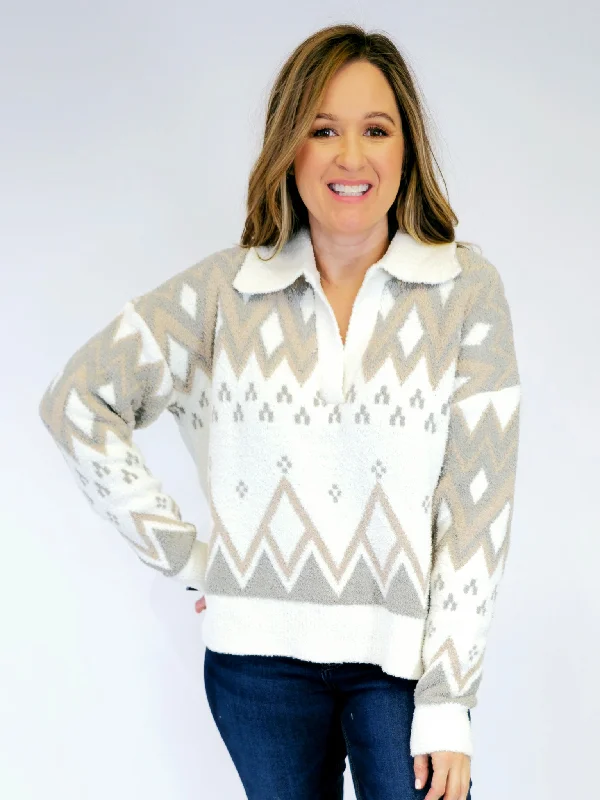 TRIBAL COLLAR PULLOVER SWEATER - BEIGE Crew Neck Wool