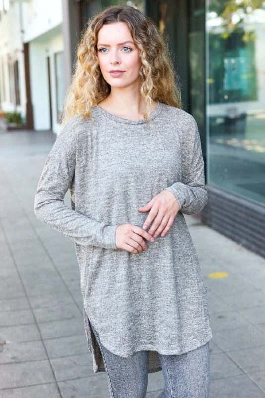Casual Living Grey Two-Tone Tunic Side Slit Pullover Button Front Sweater