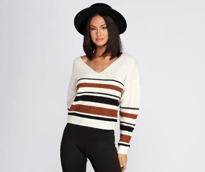 Striped Lattice Back Pullover Chunky Knit Pullover