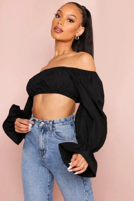 Off Shoulder Full Puff Sleeves Crop Top Rayon Velvet Corduroy
