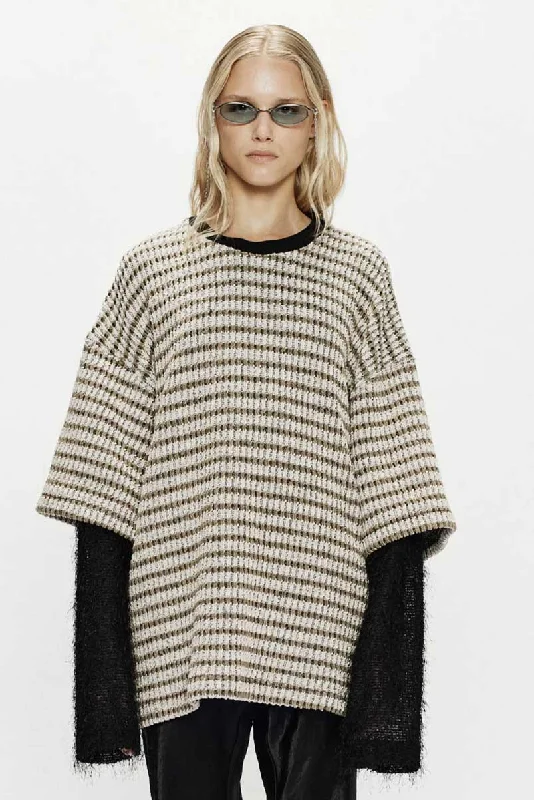 Double Layered Sleeves Pullover Beige Jewel Neck Pullover