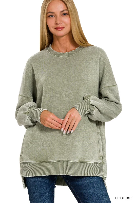 Olive Acid Wash Hi-Low Fleece Pullover Short Puff Sleeve