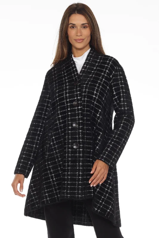 Joseph Ribkoff Black/White Plaid Feather Yarn Jacquard Flared Coat 243924 Suede Faux Fur Shearling