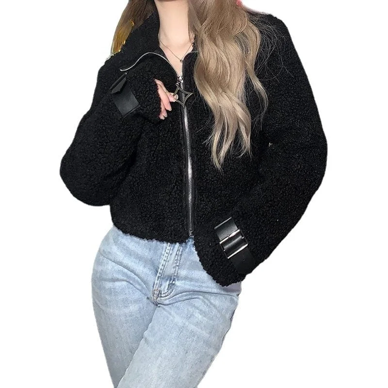 Women's Grunge Turn-down Collar Buckles Sherpa Coat Bodycon Sheath Shift