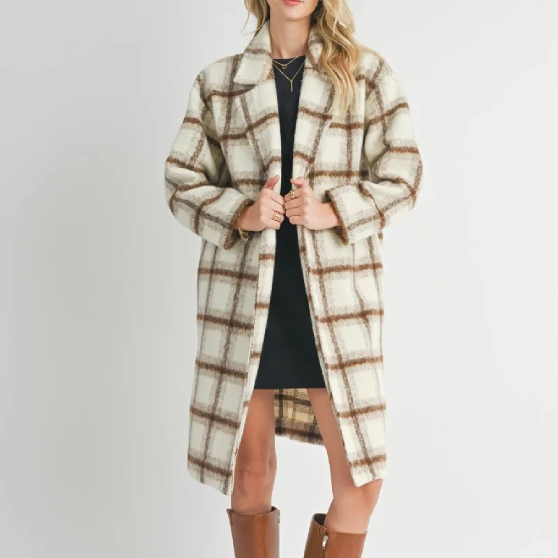 Sadie & Sage Emily Long Open Front Coat Herringbone Houndstooth Plaid
