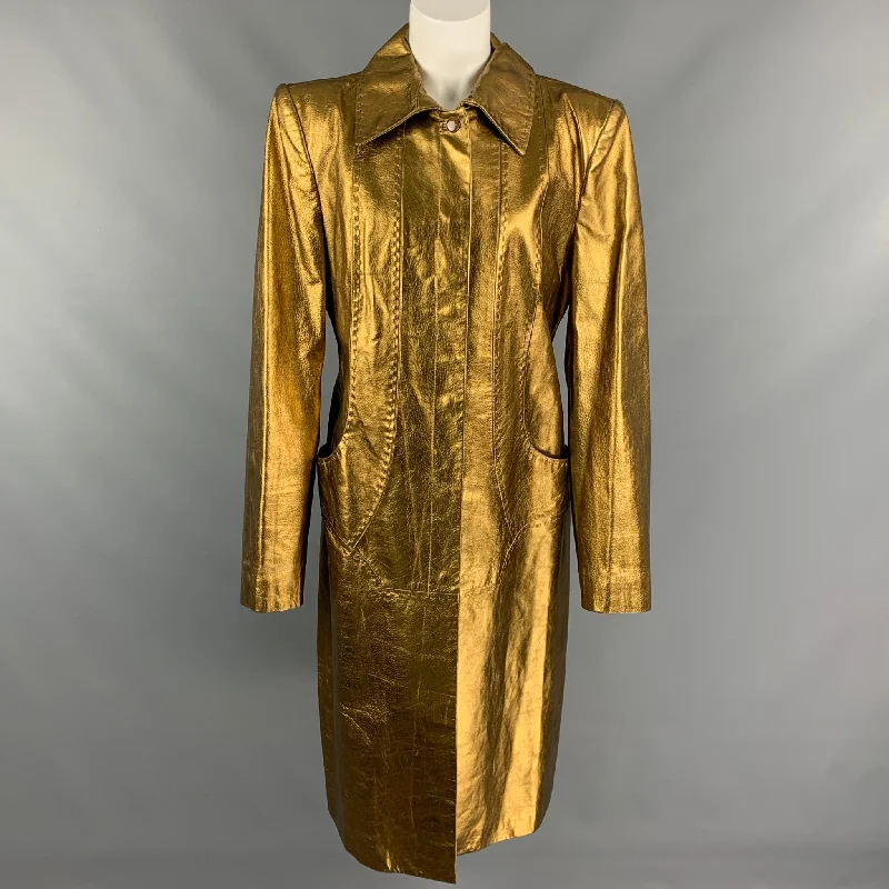 JUST CAVALLI Size 8 Bronze Metallic Leather Long Coat Three-Quarter Sleeve Elbow Sleeve Wrist Sleeve JUST CAVALLI Size 8 Bronze Metallic Leather Long Coat Three-Quarter Sleeve Elbow Sleeve Wrist Sleeve