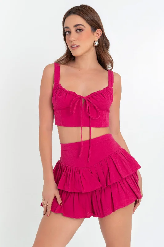 Crop top de tirantes escote plisado con jareta Fleece Nylon Spandex