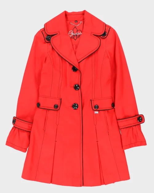 Guess Red Trench Coat - S Houndstooth Coat Plaid Coat Tartan Coat