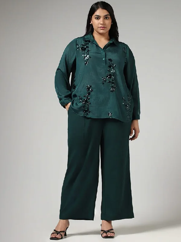 Gia Solid Emerald Green Wide Leg Trousers Trousers Handmade Artisanal