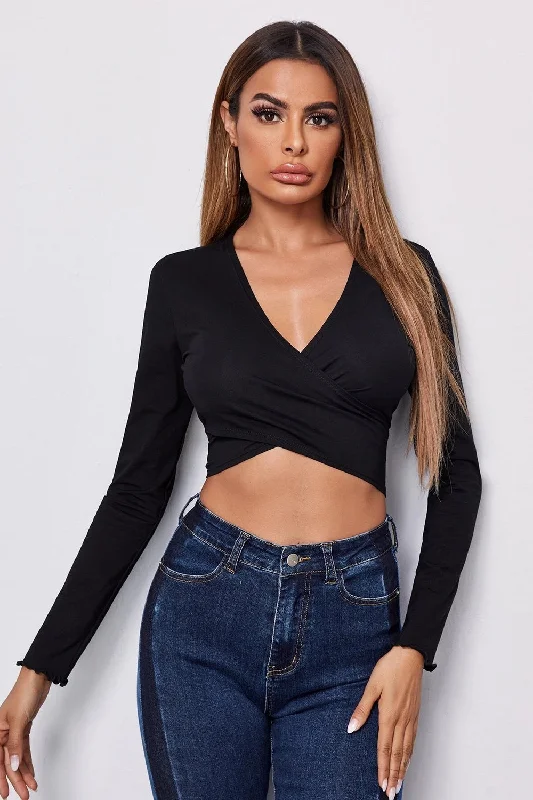Wrap Front Crop Top Black Nylon Fabric Polyester Fabric Spandex Fabric