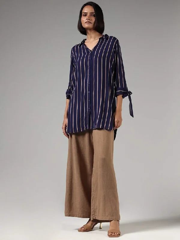 LOV Solid Beige Wide-Leg Linen Trousers Trousers Running Lightweight