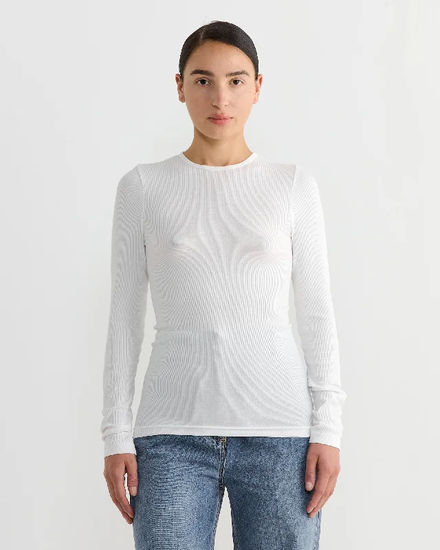 Circular Ribbed Crewneck Pullover in White Boat Neck Sweater