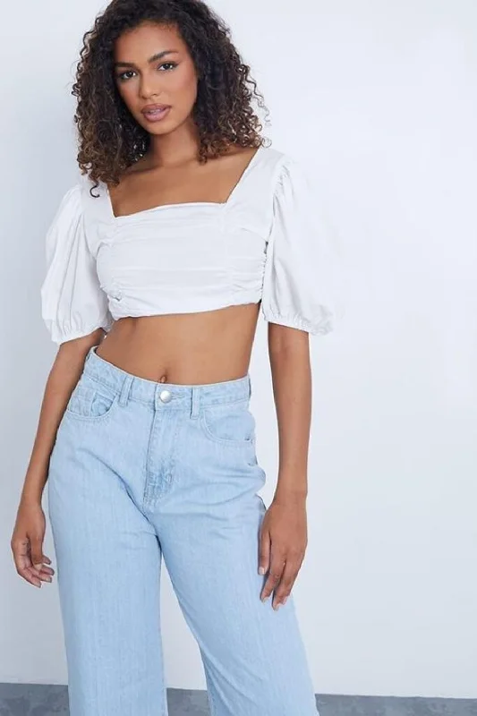 Puff Sleeves  Square White Crop Top Anti-Shrink Durable Soft