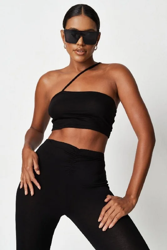 Black One Shoulder Crop Top Satin Blend Silk Blend Wool Blend