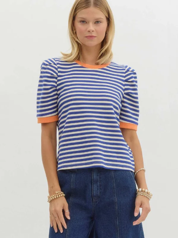 Striped Pullover Top with Bright Accents Boat Neck Sweater