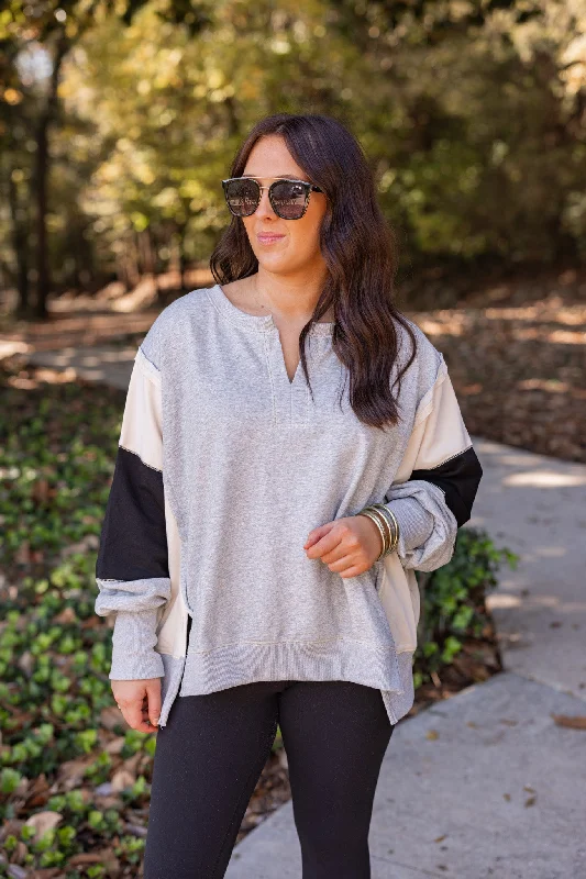 Comfy Colorblock Grey Knit Pullover One Shoulder Top