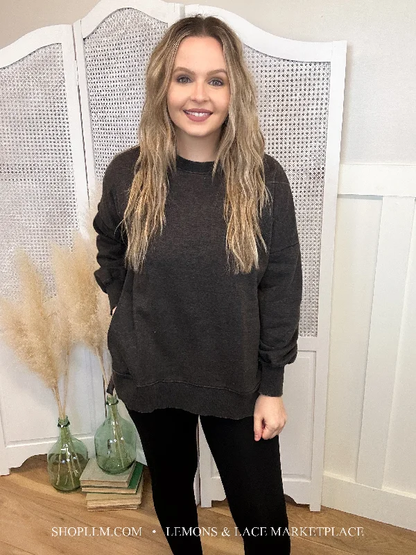 Ash Black Acid Wash Hi-Low Fleece Pullover Bardot Neck Top
