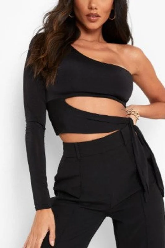 Double Layer Slinky One Sleeve Wrap Crop Top Houndstooth Herringbone Solid