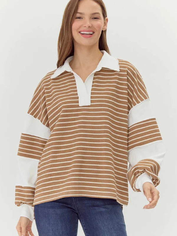 Contrast Stripe Collared Pullover Long Bell Sleeve