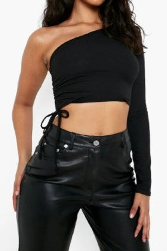Black Knit One Shoulder Crop Top Polka Dot Checkered Tartan