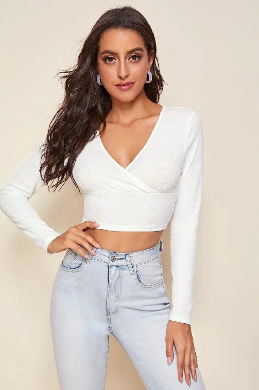 Surplice Neck Crop Top White Faux Fur Fabric Real Fur Fabric Shearling Fabric