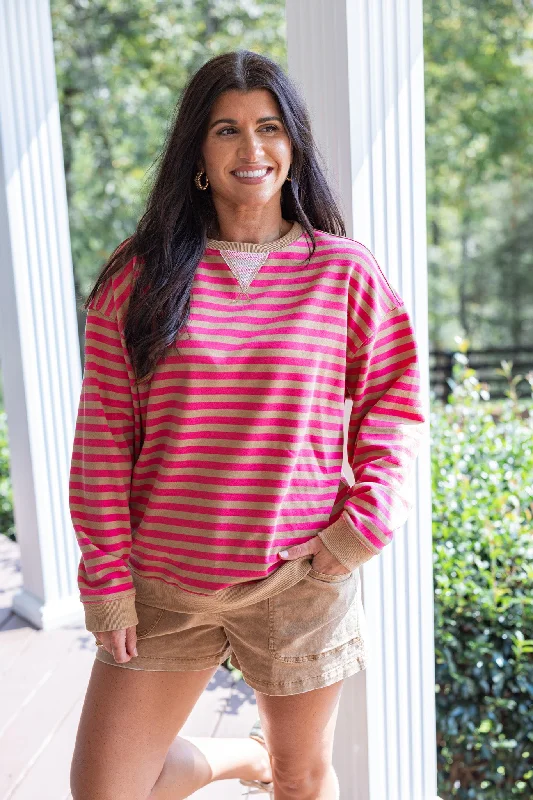 Striped Coziness Hot Pink Pullover Surplice Neck Pullover