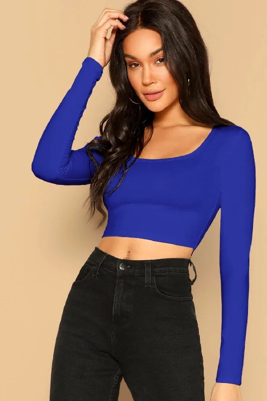 Scoop Neck Crop Top Blue Mesh Canvas Denim