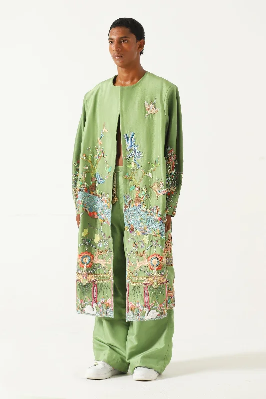 HAND EMBROIDERED EMERALD SILK LONG COAT Houndstooth Coat Plaid Coat Tartan Coat