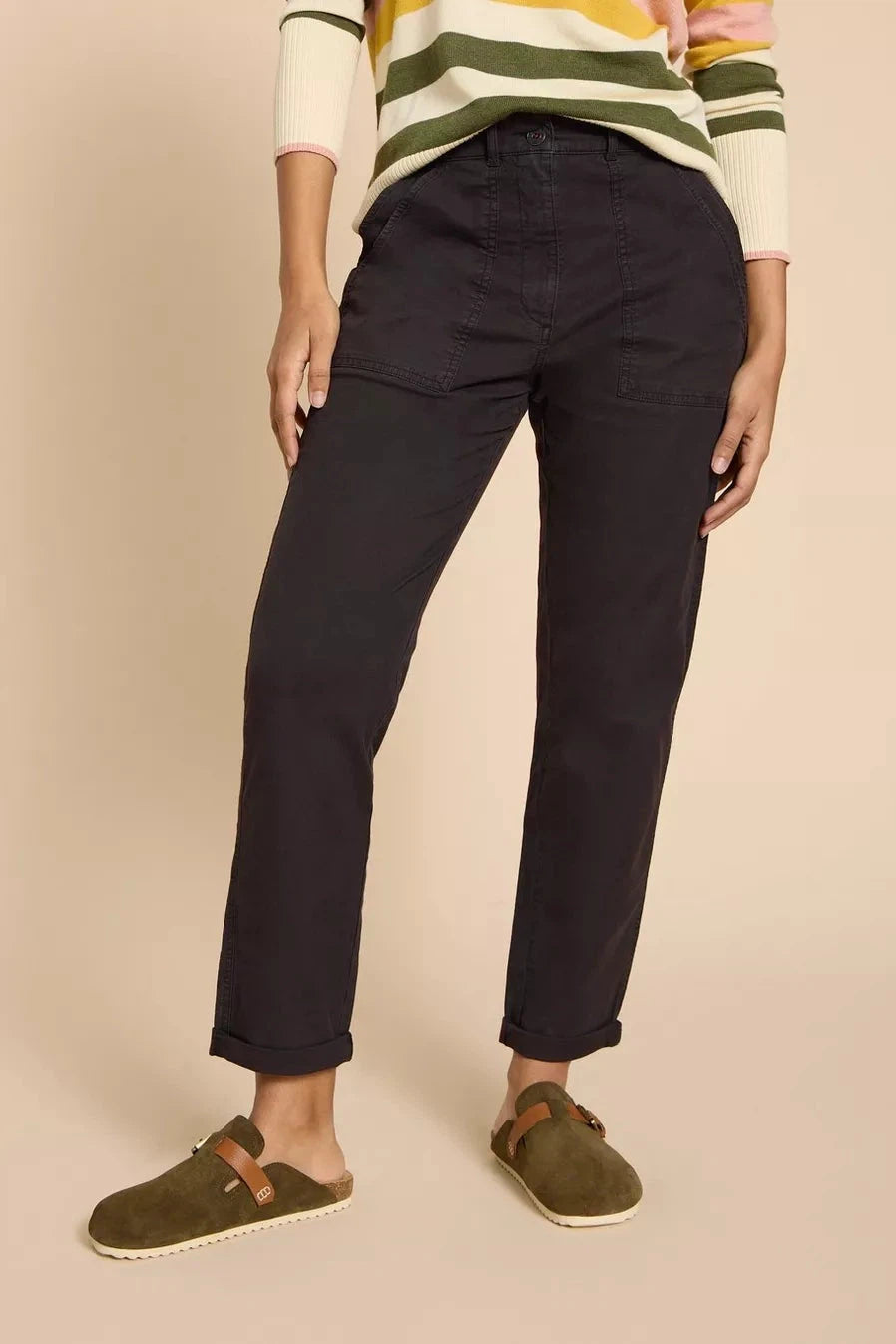White Stuff Twister Organic Chino Trousers in Pure Black Trousers Prom Sequined