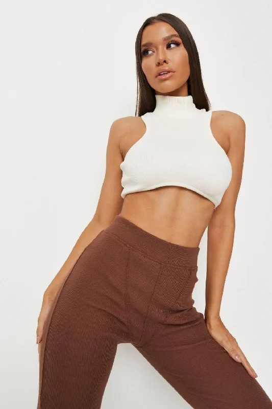 Rib High Neck Underbust Crop Top Front Pockets Side Pockets Patch Pockets