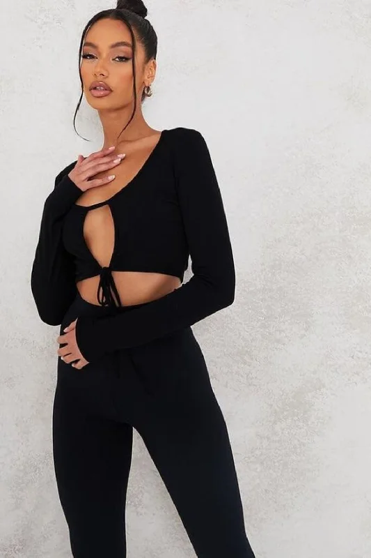 Black Cut Open At Front Crop Top Chenille Blend Fleece Blend Nylon Blend
