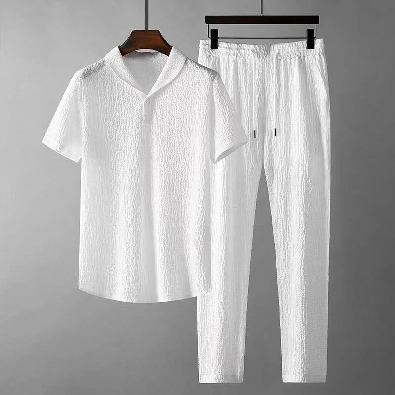 Leisure Suit Summer Loose Short Sleeve Top And Drawstring Trousers Fashion Mens Clothing Trousers Pleated Formal Leisure Suit Summer Loose Short Sleeve Top And Drawstring Trousers Fashion Mens Clothing Trousers Pleated Formal
