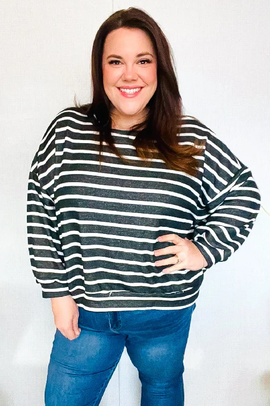 Look Striking Charcoal Stripe Terry Banded Dolman Pullover Seamless Knit Pullover