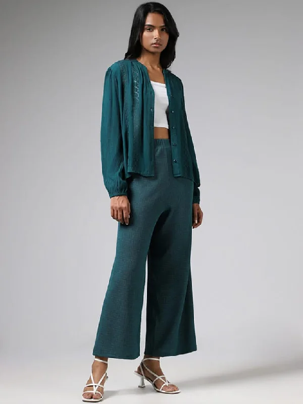 LOV Teal Wide-Leg Crepe Trousers Trousers Designer Luxury