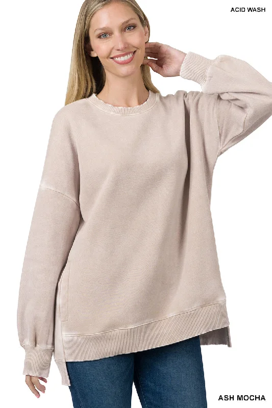 Ash Mocha Acid Wash Hi-Low Fleece Pullover Sarouel Sleeve Pullover
