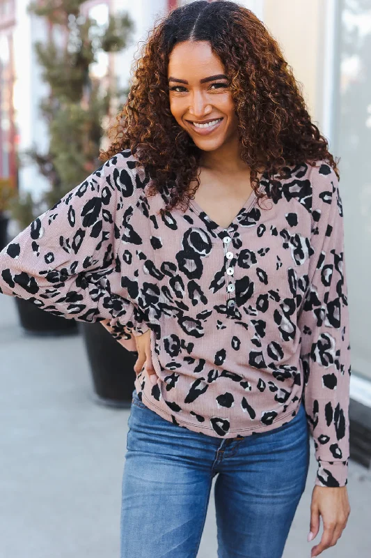 Be Bold Beige Rib Animal Print Button Placard Dolman Pullover Zipper Front Cardigan