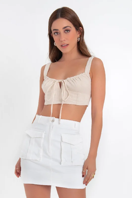 Crop top de tirantes escote plisado con jareta Spandex Blend Rayon Blend Denim Blend