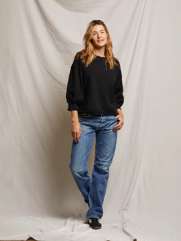 Niall Fleece Pullover Top - True Black Set Sleeve Pullover