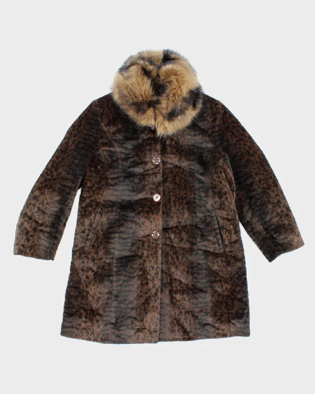 Faux Fur Hooded Fleece Lined Leopard Print Coat - L Boat Shawl Notched