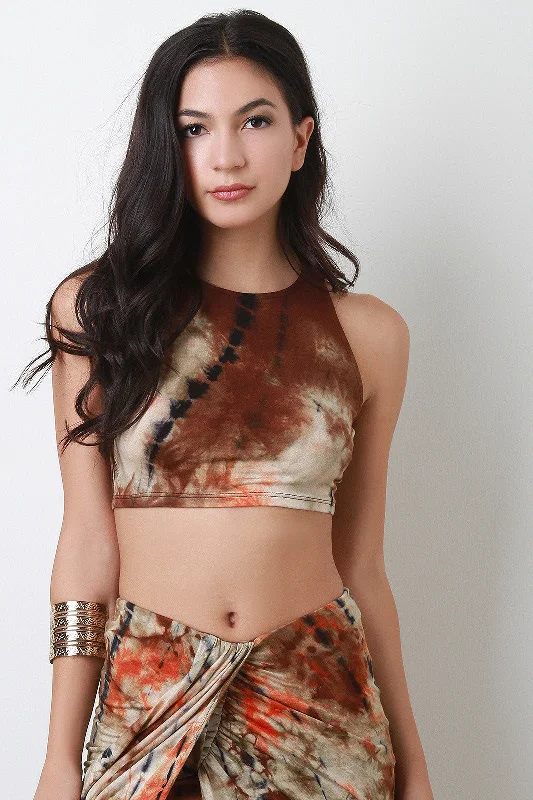 Multi Dye Sleeveless Crop Top Mesh Blend Leather Blend Suede Blend